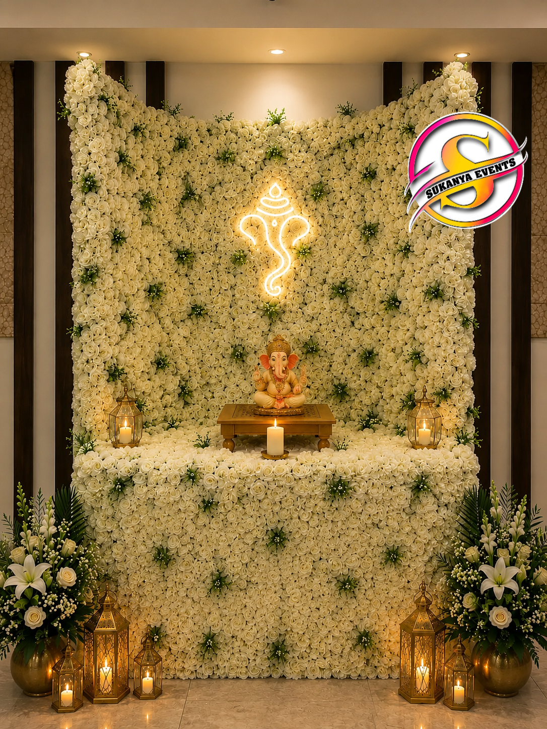 Trendy White And Green Ganpati Decoration For Home