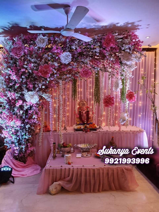 Artificial Flower Pink Theme Ganpati Decoration At Home GD06
