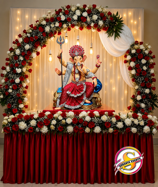 Red & White Real Flower Decoration For Ganpati Bappa Morya