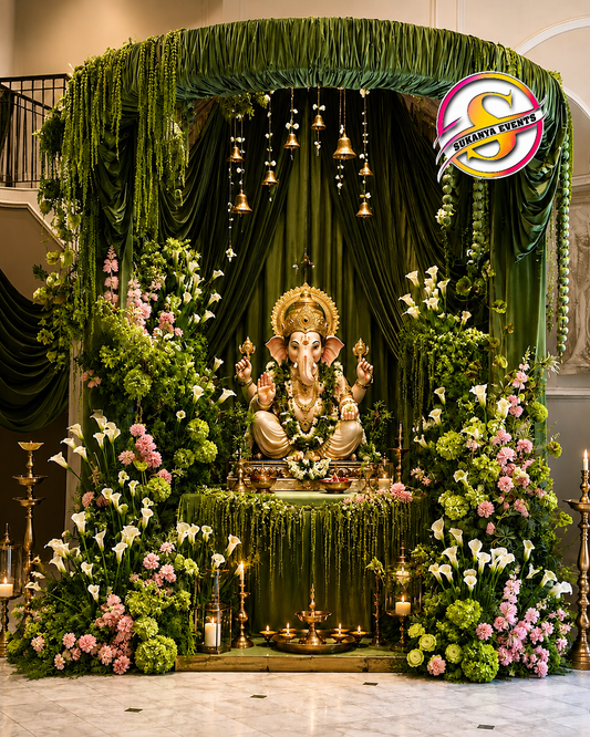 Rich Green Real Flower Decoration For Ganpati In Pune