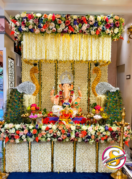 Royal Artificial Flower Peacock Theme For Ganpati Decoration