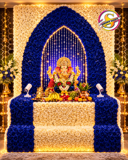 Royal Blue And White Artificial Floral Theme For Ganpati Decoration