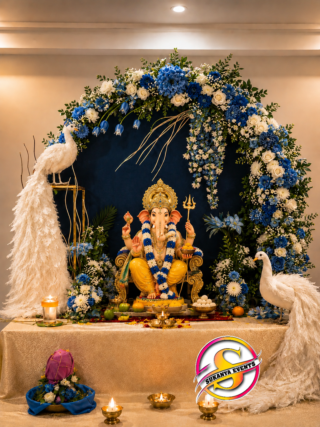 White Peacock Theme Ganpati Decoration for Home 