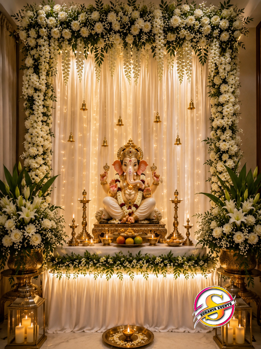 White Theme Ganpati Decoration With Real Flower And Lights